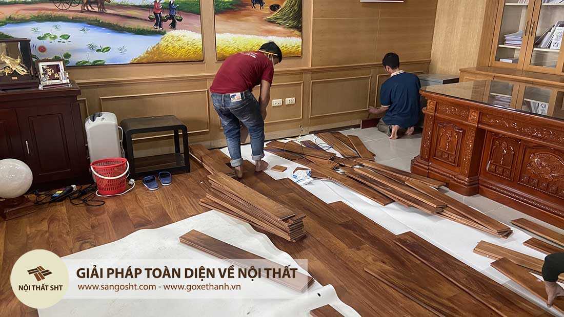 Lắp đặt sàn gỗ gõ đỏ tại Agribank Hưng Yên